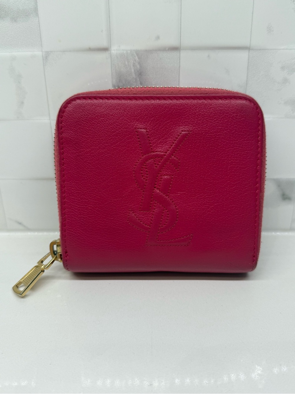 YSL Compact Cassandra Wallet with Zipper in Hot Pink